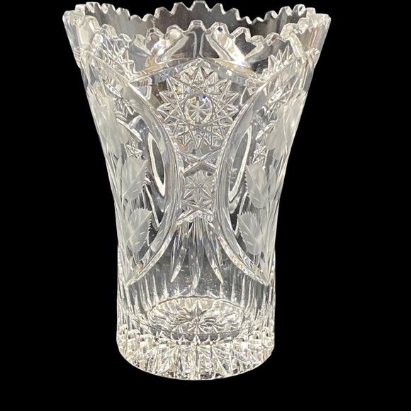 Antique American Brilliant Period Cut Glass Vase Etched Rose Stem ABS Small - Picture 2 of 14